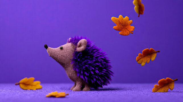 Verspielte Waldtiere in einer farbenfrohen, herbstlichen Fantasiewelt mit weicher Woll- und Filzoptik zwischen bunten B&auml;umen, Bl&auml;ttern und fantasievollen Landschaften in kr&auml;ftigen Violett und Orange
