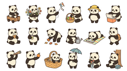 Fototapeta premium Set of cute panda bear characters performing various daily activities and hobbies in cartoon style.