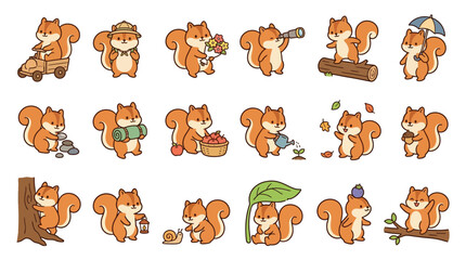 Obraz premium Set of cute cartoon squirrels performing various daily activities and hobbies in a flat vector illustration style.