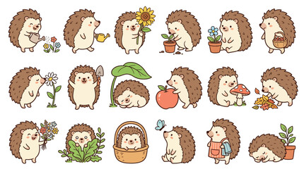Obraz premium Set of cute cartoon hedgehog characters doing various daily activities and gardening tasks.