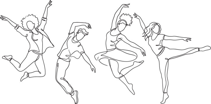 Continuous line drawing of diverse people dancing and jumping