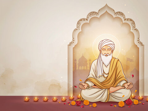 Sikh Spiritual Guru Meditating with Diyas in Peaceful Temple