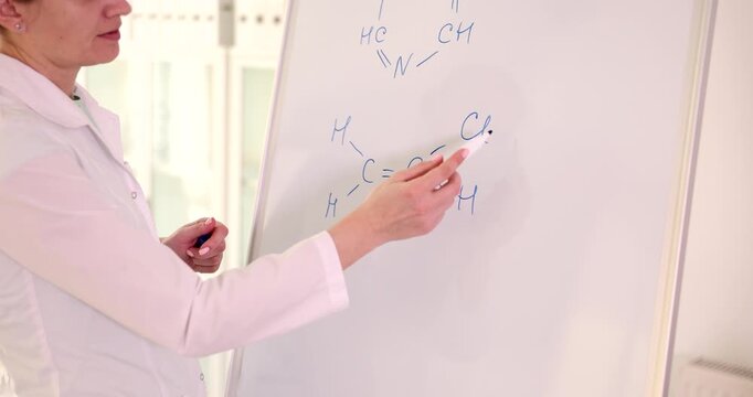 A passionate instructor draws complex organic molecules on a whiteboard in a bright classroom. Her dedication shines as she engages students in chemistry concepts during a hands-on lesson.