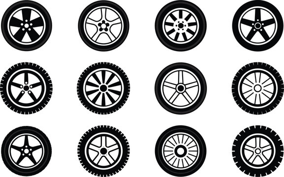 Collection of various black and white car tire and wheel rim icons displayed in a clean grid for automotive graphic design.