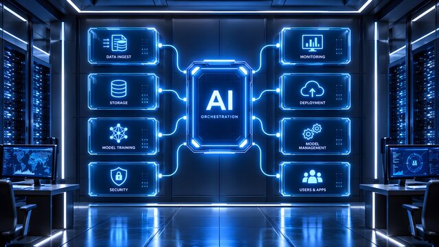 AI orchestration wall interface surrounded by model training storage security and deployment management panels in a high tech control room.