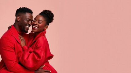 Obraz premium Happy couple in red outfits embracing against pink background