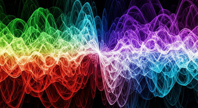 Vibrant chromatic waves pulsate across the deep darkness, creating an energetic display of luminous colors weaving dynamically together to form a mesmerizing visual journey of rhythm and sound
