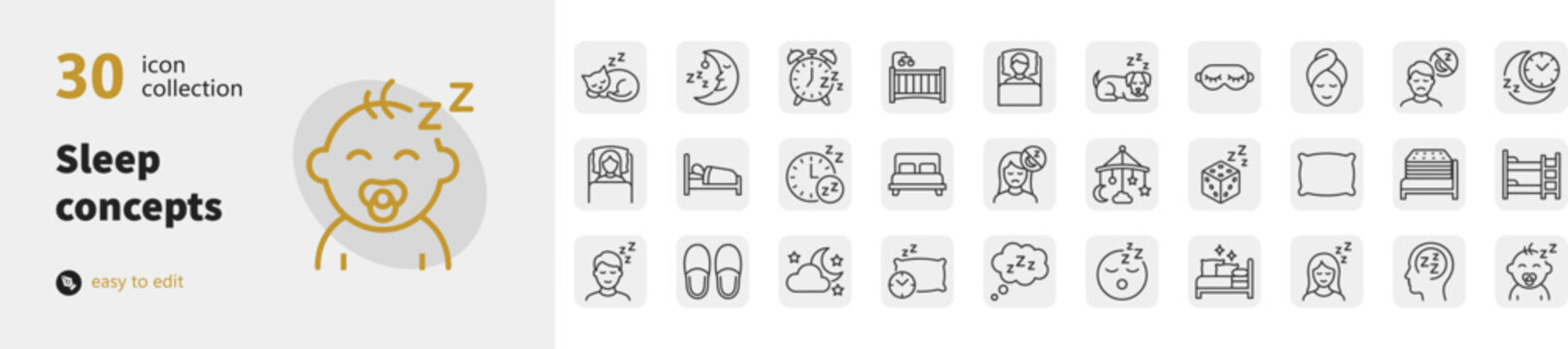 Set of 30 baby sleep and bedtime routine icons in thin line style with nursery icons infant care line art