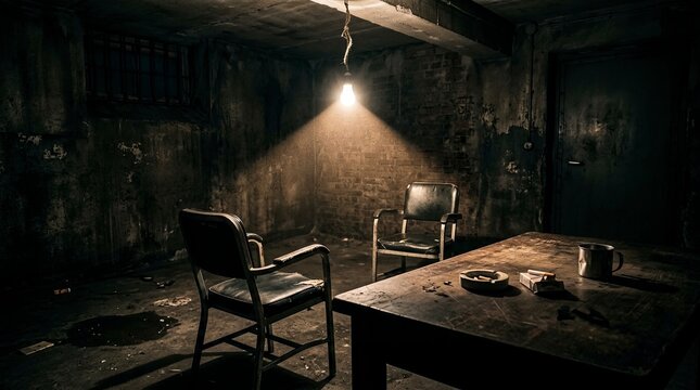 Cinematic dark interrogation room with two chairs, wooden table, and a single light bulb hanging in a gritty basement hideout