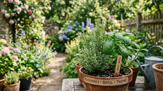 Fresh Culinary Herbs Rosemary Basil and Thyme Growing in a Terracotta Pot in a Beautiful Summer Garden Setting