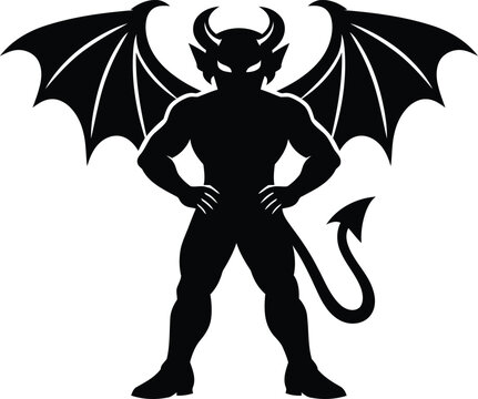 A black silhouette illustration of a standing devil character with wings and a tail on white background