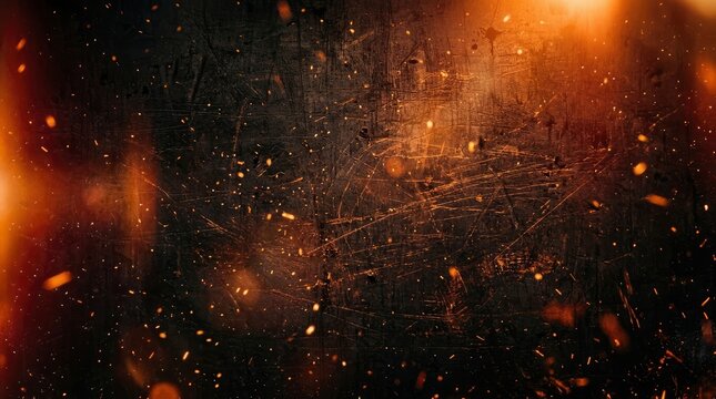 Grungy dark metal background with glowing fire sparks and scratched surface texture