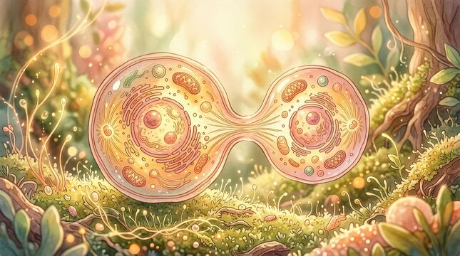 Biological Cell Division Process Illustration in a Magical Forest Environment
