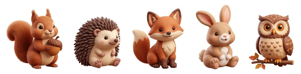 Fototapeta premium Five adorable animals are featured, including a squirrel holding an acorn, a hedgehog, a fox, a rabbit, and an owl perched on a branch. The artwork captures the essence of autumn