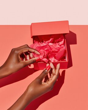 Vivid hands opening red gift box with vibrant tissue paper