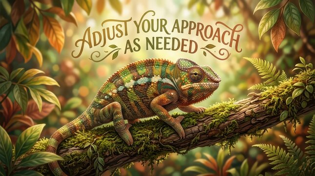 Chameleon on Mossy Branch with Inspirational Quote Adjust Your Approach As Needed