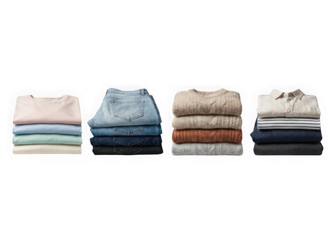 Four neat stacks of folded casual clothes and denim jeans isolated isolated on transparent background