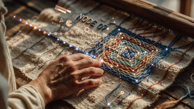 Hand touches an intricate woven textile pattern overlaid with glowing digital node connections and data graphics in warm sunlight. The fabric displays coarse linen texture and blue thread work.