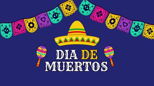 Dia de Los Muertos - Day of the Dead celebration banner, poster, card with colorful mexican traditional objects. 4K video animation