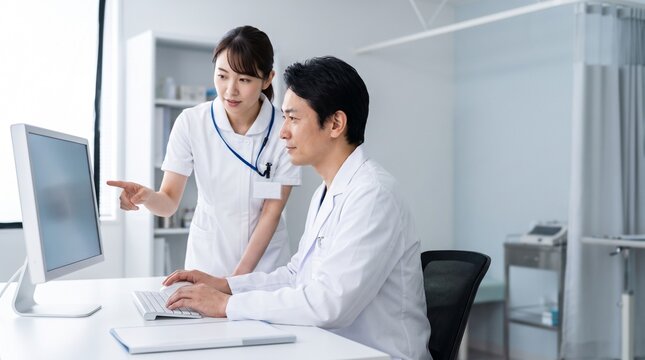 電子カルテを操作する医師と看護師 医療DXとICT活用のイメージ