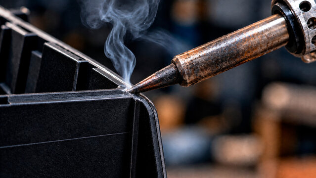 Close-up of a soldering iron tip emitting smoke while welding black plastic parts. Plastic welding repair process. Concept of industrial technology and assembly.
