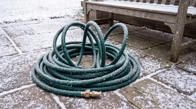 Garden hose covered in frost on a patio with snow, representing cold weather and winter dormancy