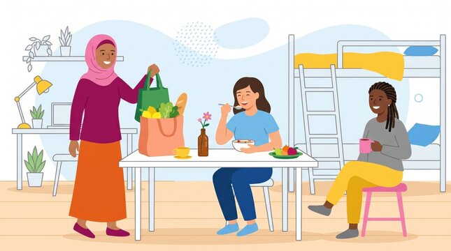 Diverse female roommates sharing a meal in a college dorm room, young student friends eating together in a shared apartment