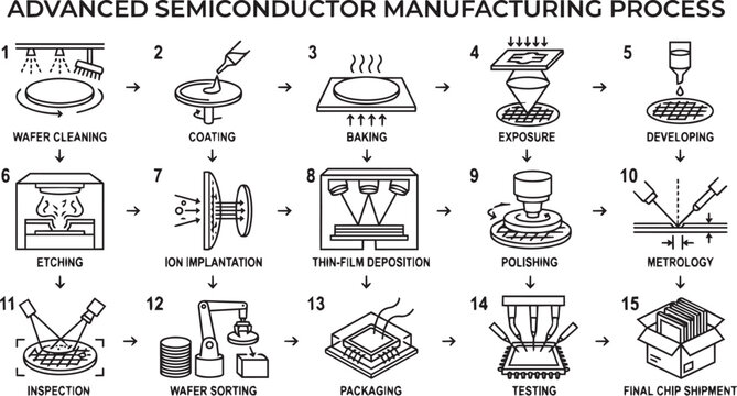 Advanced semiconductor manufacturing process infographic, 15 steps of microchip production, industrial wafer fabrication workflow vector