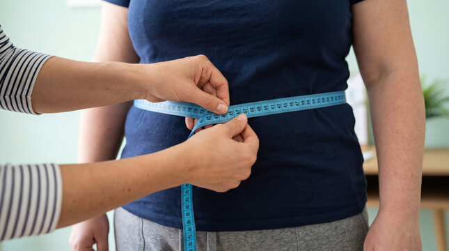 professional nutritionist measuring overweight woman waist with tape measure in bright modern clinic weight loss consultation health check body composition assessment medical exam diet planning wellne