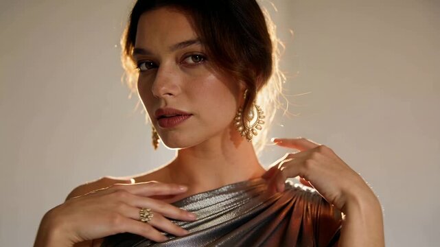 Adjusting model touching gold earring, smoothing metal one-shoulder gown and showing ring in studio