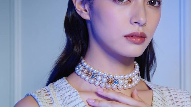 Squinting model reacting to lens flare in studio touching and showing pearl choker over knit top