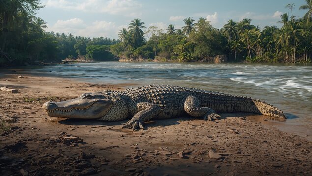 Large crocodile resting on a muddy riverbank with tropical trees
