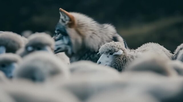A wolf stands among sheep in a field, focused and watchful as the morning light begins to emerge