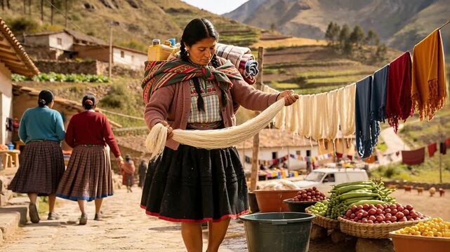 Dipping skein in bucket, woman in skirt wringing and hanging wool for drying on stone path