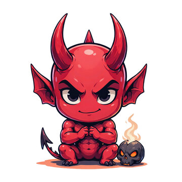 Cute chibi red devil character with pointed horns and wings sitting next to a small smoking skull isolated on a transparent background