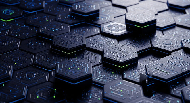 Futuristic electronic pattern featuring interlocking dark hexagonal tiles with glowing green and blue cybernetic circuitry traces creating an advanced technological network environment
