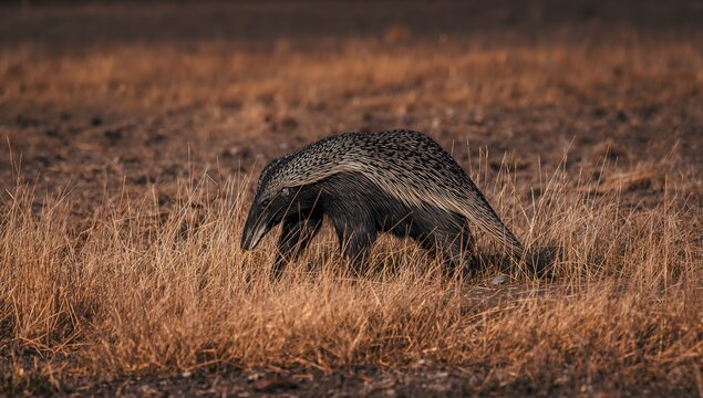 Giant anteater foraging through dry brown savanna grass at sunset
