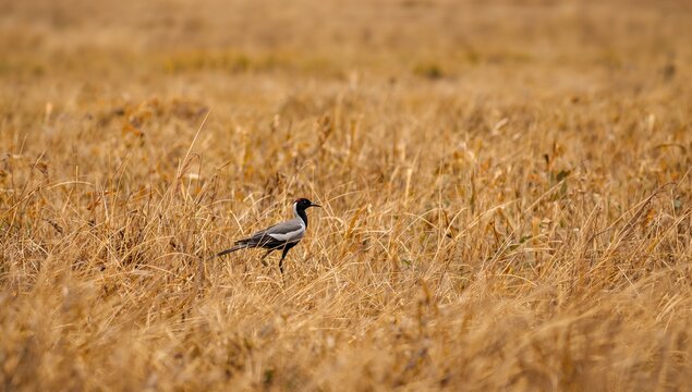 Black-headed bird walking through dry golden grass field in sunlight