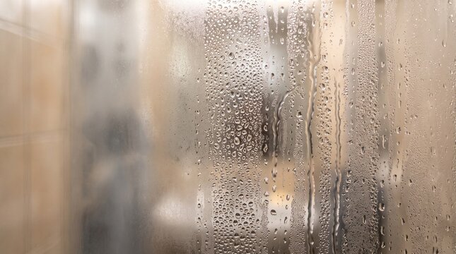 Close up of water droplets and steam condensation on a glass shower door in a warm bathroom setting, representing wellness, hygiene, and a relaxing morning routine in a modern home interior.