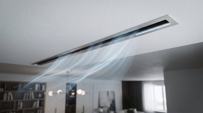 Modern ceiling HVAC vent expelling cool air in a home