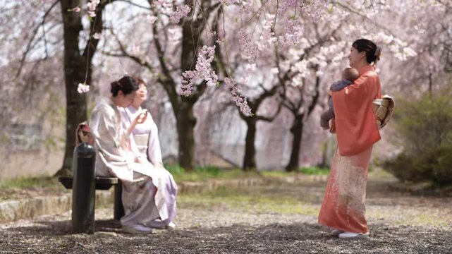 A person in kimono holds an infant while two kimono-clad people sit nearby along a path beneath pink blossoms.