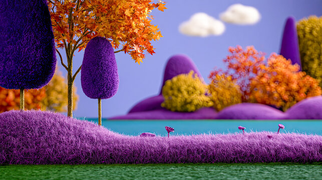 Herbstliche Fantasielandschaft in weicher Woll- und Filzoptik mit bunten B&auml;umen, Bergen, Seen und fallenden Bl&auml;ttern in kr&auml;ftigen Violett-, Orange- und Blaut&ouml;nen.