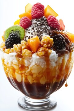 floating bingsu shaved ice with condensed milk and fruit toppings, isolated on white background