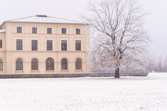 Historic Marstall Building in Schwerin Surrounded by Snow and Frost