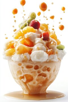 floating bingsu shaved ice with condensed milk and fruit toppings, isolated on white background