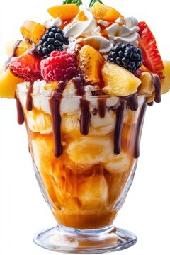 floating bingsu shaved ice with condensed milk and fruit toppings, isolated on white background