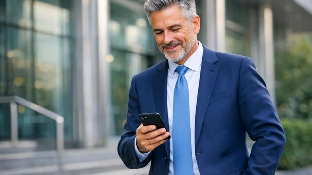 Smiling mature businessman in blue suit using a smartphone outdoors