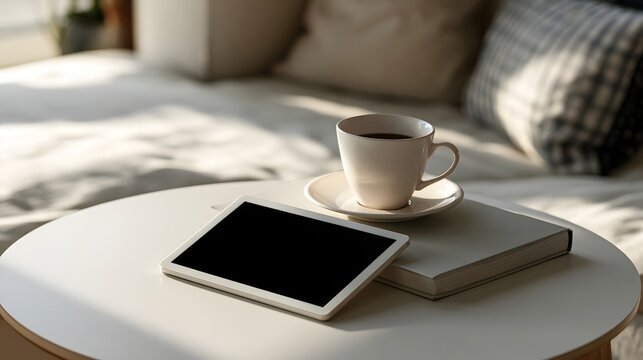 A white cup of coffee sits beside a tablet and book on a round table  bathed in soft natural light near a cozy sofa