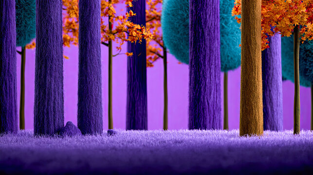 Herbstliche Fantasielandschaft in weicher Woll- und Filzoptik mit bunten B&auml;umen, Bergen, Seen und fallenden Bl&auml;ttern in kr&auml;ftigen Violett-, Orange- und Blaut&ouml;nen.