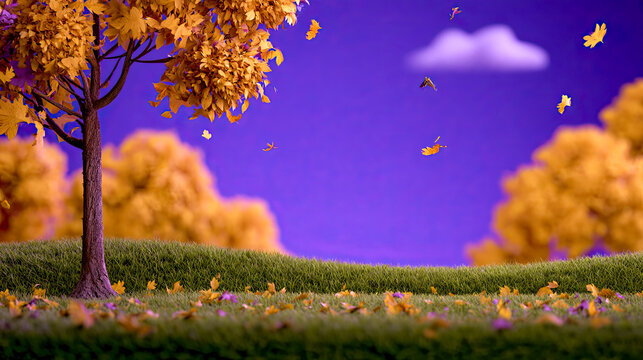 Herbstliche Fantasielandschaft in weicher Woll- und Filzoptik mit bunten B&auml;umen, Bergen, Seen und fallenden Bl&auml;ttern in kr&auml;ftigen Violett-, Orange- und Blaut&ouml;nen.